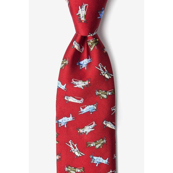 Alynn WWII Fighter Planes 100% Silk Red Necktie 3.25" x 58" Military Aircraft - Picture 2 of 6